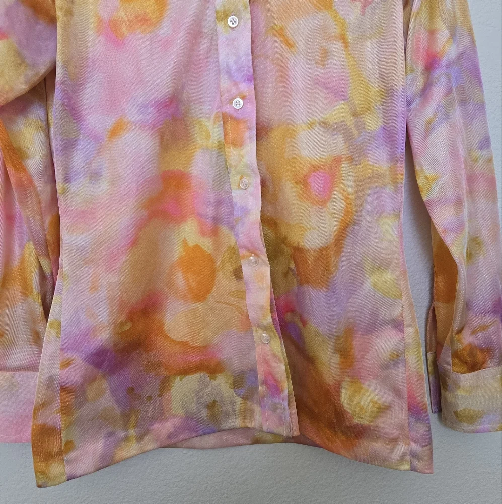 Vintage 70s Lady Manhattan Watercolor Abstract Groovy Pink Blouse - Picture 8 of 15